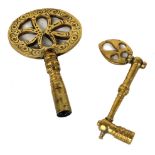 Two interesting early brass clock keys, one for a bracket and one for a table clock (2)