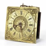 Small brass verge wall clock with alarm, the 4.75" square dial with 4" brass chapter ring