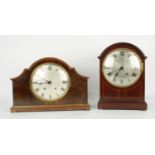 Mahogany two train bracket clock striking on four small gongs and one larger, the 8" silvered dial