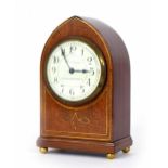 Small mahogany lancet mantel clock timepiece with platform escapement, the 3.5" cream dial signed