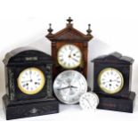 French black slate and green marble two train mantel clock, 11.25" high; also another black sla