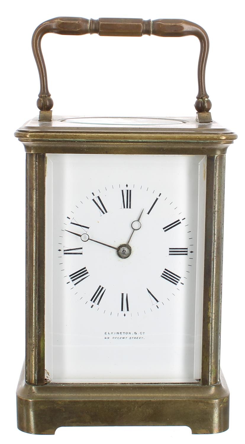 French carriage clock striking on a gong, the backplate stamped with a B in a circle, the dial