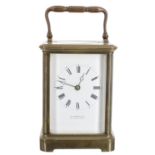 French carriage clock striking on a gong, the backplate stamped with a B in a circle, the dial