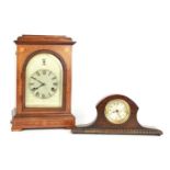 Mahogany two train mantel clock striking on four rods, the 6" silvered engraved dial with silent/