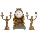 Good French ormolu and grey marble two train mantel clock garniture, the 4.5" white dial signed Lund