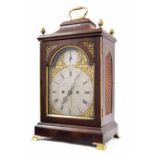 Good English mahogany double fusee bracket clock, the 7" brass arched dial and movement back plate