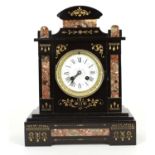 French black slate and coloured marble two train mantel clock striking on a bell, the 3.75" white