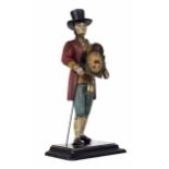 Novelty cast iron painted peddler clock, modelled as a man dressed in a red tunic, yellow waistcoat