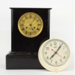 French ebonised two train mantel clock striking on a bell, the 5.5" gilt dial signed Bennett a