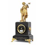 French black slate and gilt metal mounted figural two train mantel clock, the Japy Freres movement