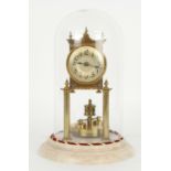 Brass torsion clock, the 2.75" silvered chapter ring over a disc pendulum, under a glass dome and