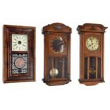 Seph Thomas mahogany two train ogee wall clock, 27" high; also two oak cased three train wall