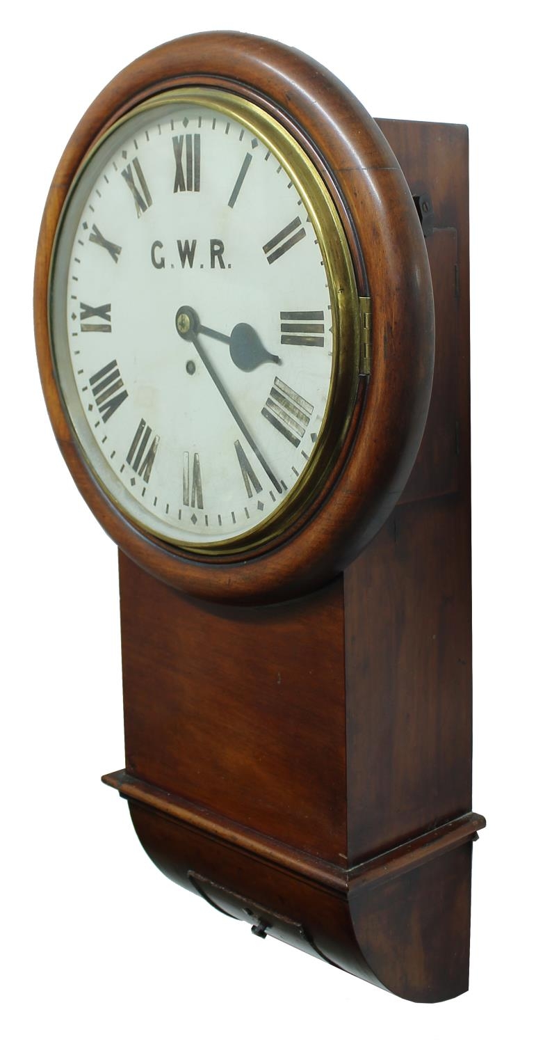 Great Western Railway (G.W.R) mahogany 12" drop dial wall clock, within a turned surround, inscribed - Image 2 of 8