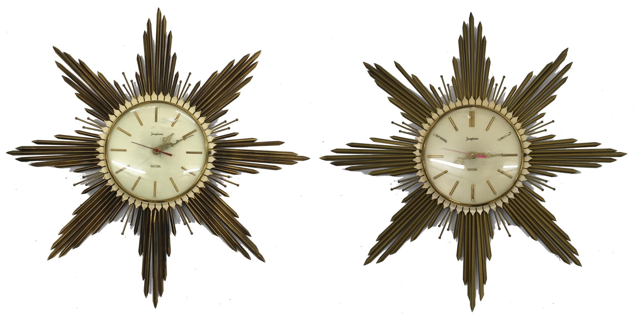 Two similar Junghans Electora sunburst wall clock timepieces, 23.5" diameter overall