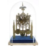 Good brass double fusee skeleton mantel clock striking on a gong and bells (missing), the 6.5"