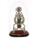 Brass single fusee skeleton clock with passing strike on a bell, with 5.75" painted cream chapter
