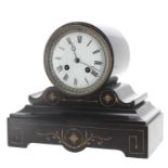 Small French black slate two train drumhead mantel clock, the movement with outside countwheel