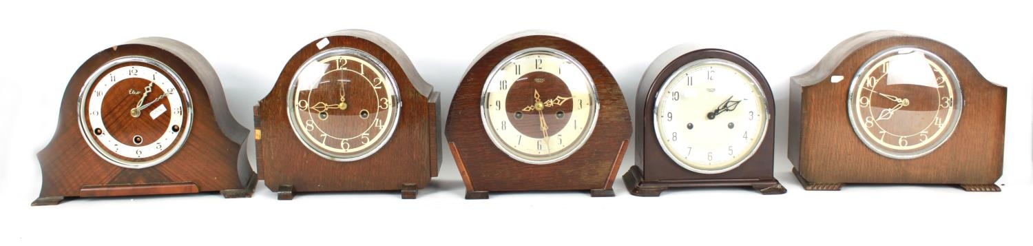 Seven various wooden cased mantel clocks; also six various empty wooden mantel clock cases (13)
