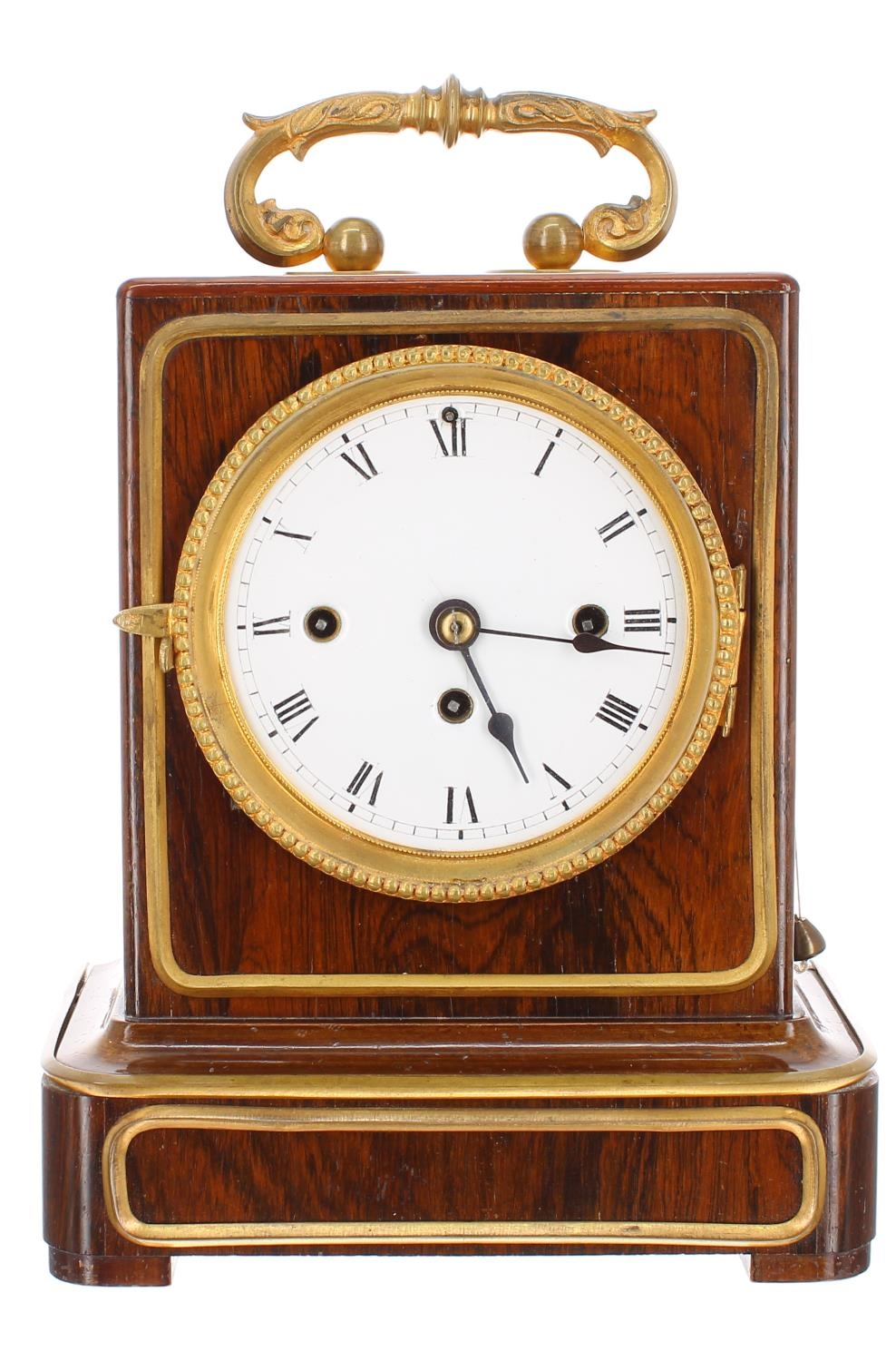 Rare small Austrian rosewood three train mantel clock, the movement with pull repeat and striking on