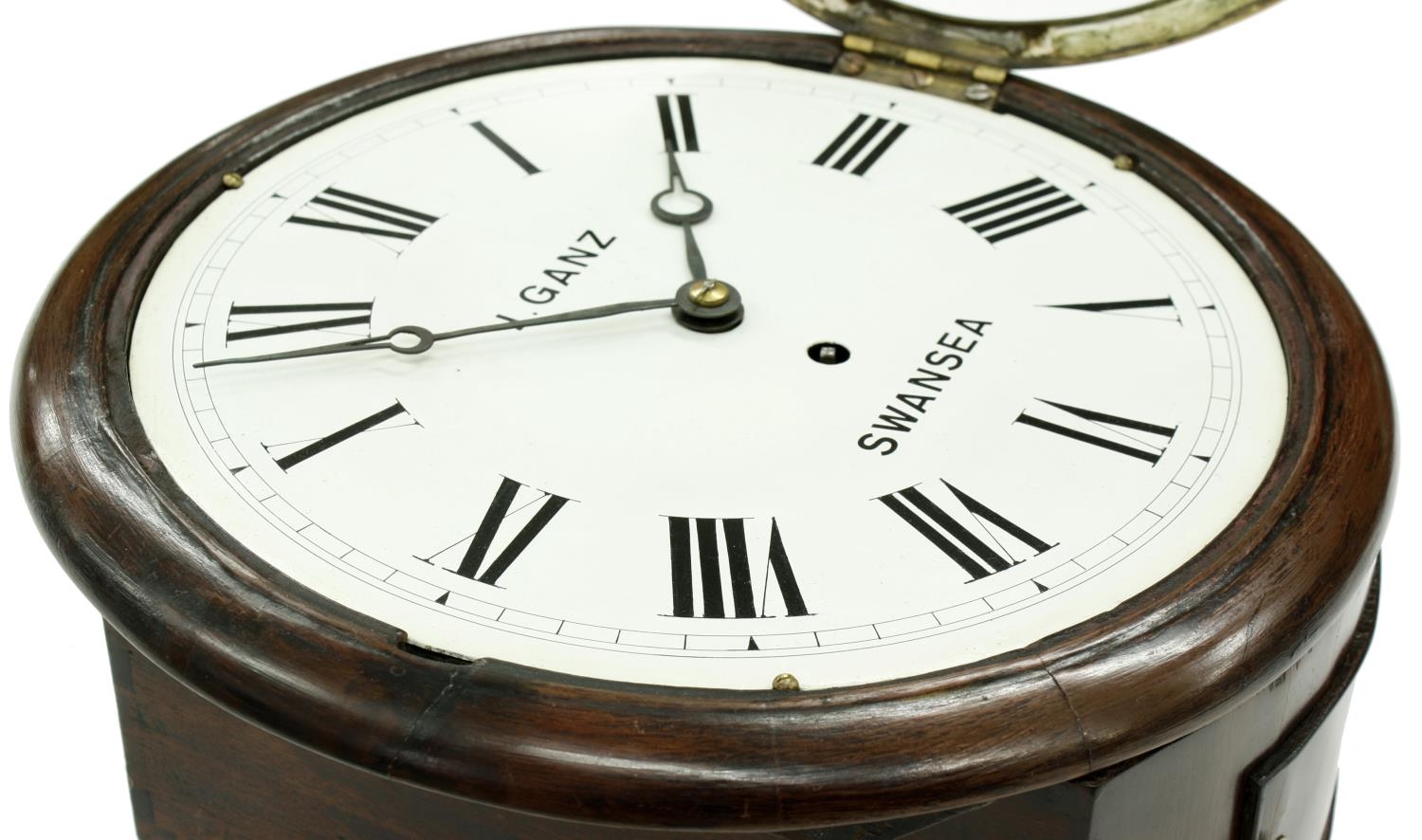 Mahogany silver fusee 10"wall dial clock signed J. Ganz, Swansea, within a cast bezel and turned - Image 2 of 4