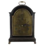 Good English ebonised double fusee bracket clock, the 8" brass arched dial and movement back plate