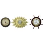 Schatz Royal Mariner brass bulkhead ship's wheel 'Queen Elizabeth II' wall clock; also a Russian