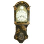English black lacquer and chinoiserie decorated single train hooded wall clock, the 11" brass arched
