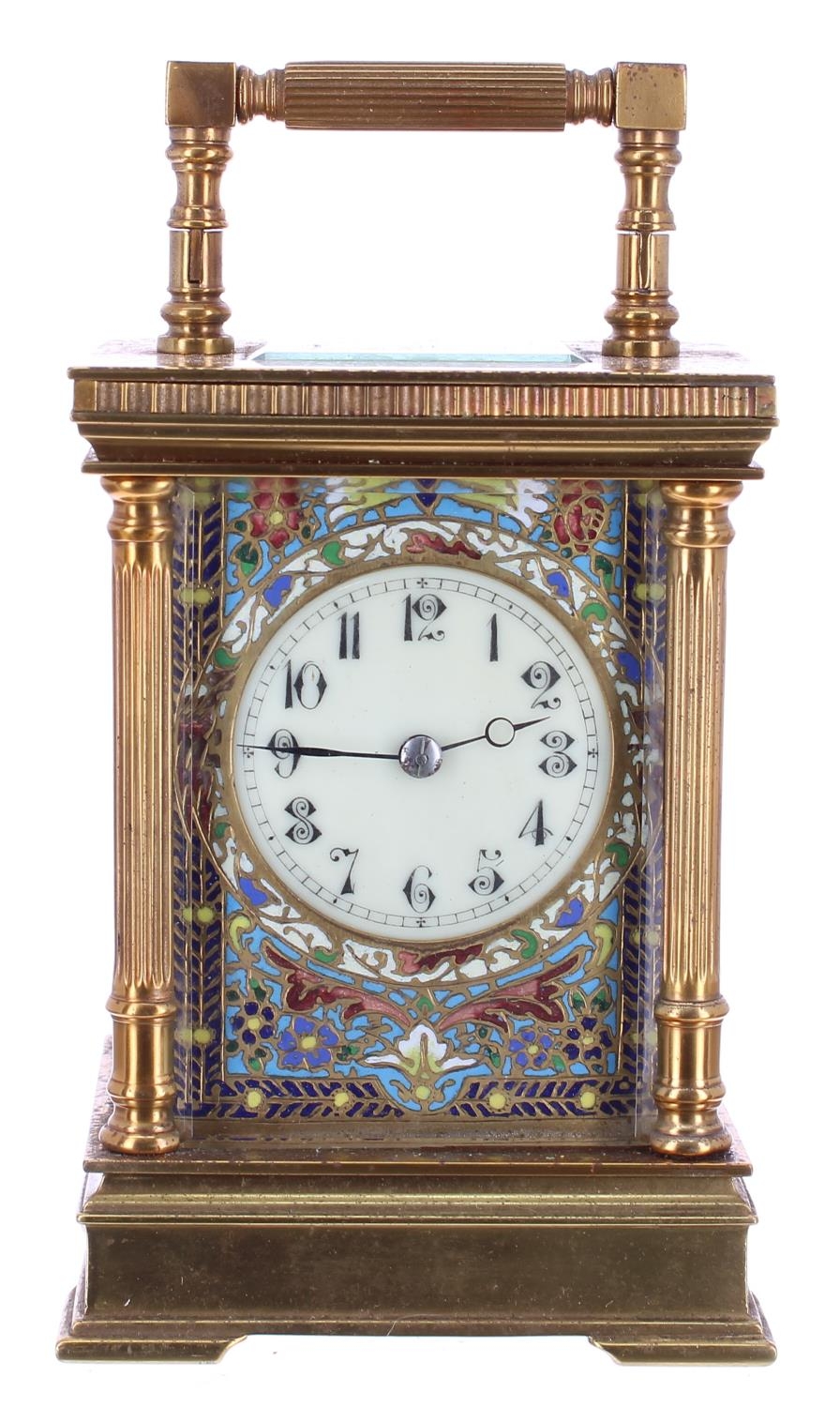 French carriage clock striking on a gong, the 2" cream dial within a champleve foliate enamelled