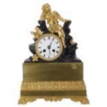 French Empire bronze and ormolu two train small mantel clock, the movement with outside