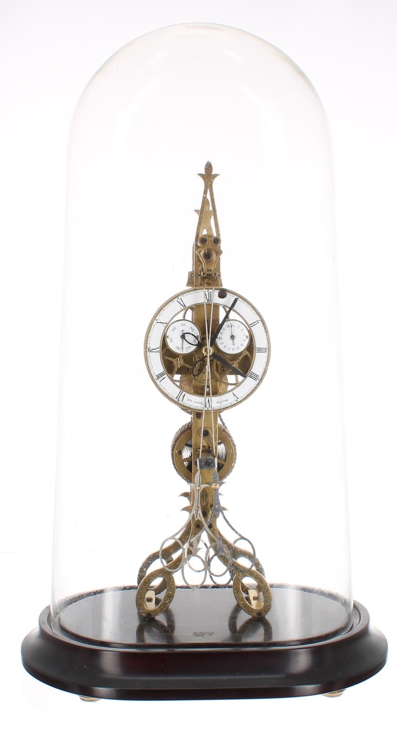 Contemporary brass single fusee scissor action skeleton clock, the 4.5? white chapter ring signed - Image 4 of 5