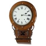 Rosewood two train 12" drop dial wall clock, within a flat surround over foliate carved ears and a