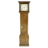 Oak thirty hour longcase clock, the 11" square painted dial indistinctly signed ...., Beckington,