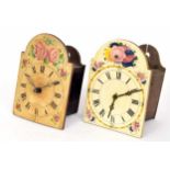 Small Black Forest wall clock striking on a bell, with painted rounded arched dial, 8.25" high; also