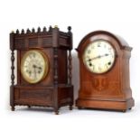 Oak Arts & Crafts style two train mantel clock, the Lenzkirch movement striking on a gong, 4.5" sil