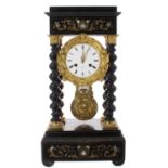 French ebonised and inlaid two train portico mantel clock, the movement with outside countwheel