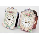 Small Black Forest clock striking on a bell above the movement, the 3.75" enamel dial within a