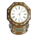 Rosewood and mother of pearl inlaid double fusee drop dial wall clock signed J-W-Sharp, Parade,