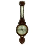 Rosewood onion top wheel barometer/thermometer, the 8" silvered dial within a shaped case banded