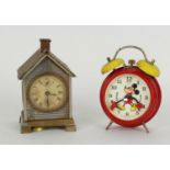 Seth Thomas novelty alarm mantel clock timepiece in the form of a house, 7.25" high; also a Mickey