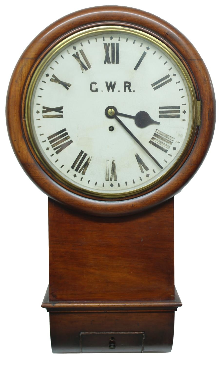 Great Western Railway (G.W.R) mahogany 12" drop dial wall clock, within a turned surround, inscribed
