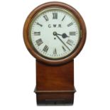 Great Western Railway (G.W.R) mahogany 12" drop dial wall clock, within a turned surround, inscribed