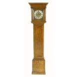 Oak eight day longcase clock, the 10" square brass dial signed John Warner, Draycott on a silvered
