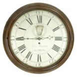 Good early English mahogany single fusee wall dial clock, the 15" silvered dial signed Jno