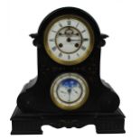 Good French black marble two train calendar mantel clock striking on a bell, the 5.5" white