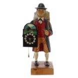 Good hand carved Black Forest peddler automata novelty clock, turning his head and whistling when
