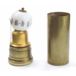 Interesting miniature cylindrical brass night clock with globular opaque glass shade inscribed