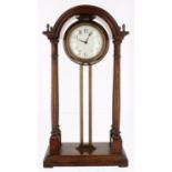 Oak cased portico gravity clock, the 3.5" white dial within a globe casing fixed to a brass