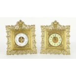 Brass easel cased clock timepiece and matching aneroid barometer pair, both within foliate pierced