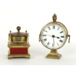 French brass drumhead pillar mantel clock timepiece, the 4.5" white dial with centre seconds; also a
