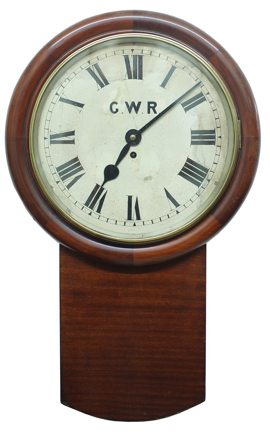 Great Western Railway (G.W.R) mahogany single fusee 14" drop dial wall clock within a turned